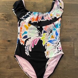 TRINA TURK off-the-shoulder ruffle bandeau one-piece swim suit